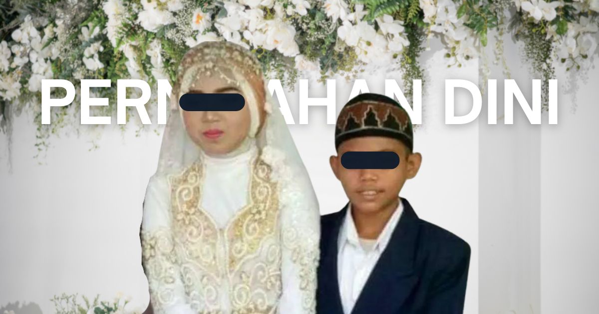 Foto dua individu mengenakan pakaian adat pernikahan tradisional Indonesia, berdiri di luar ruangan. Keduanya memakai masker dan kacamata hitam, menggambarkan situasi kontemporer. Gambar ini merepresentasikan tema perkawinan dini yang menjadi fokus pembahasan dalam artikel.